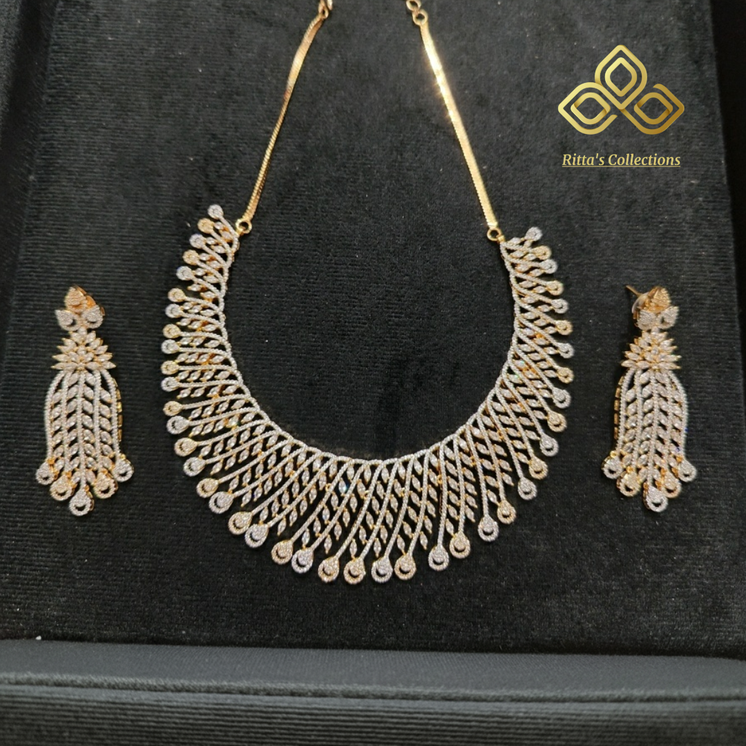 Premium American Diamond Necklace with Earrings, Two tone Golden Ganga Jamuna Polish