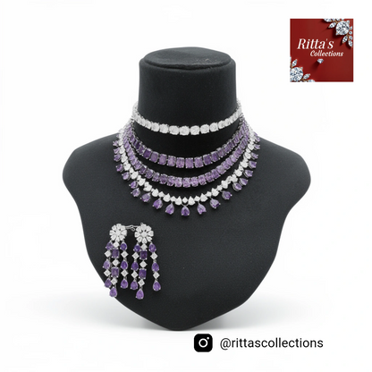 Purple 4 Layer American Diamond Necklace with Earrings