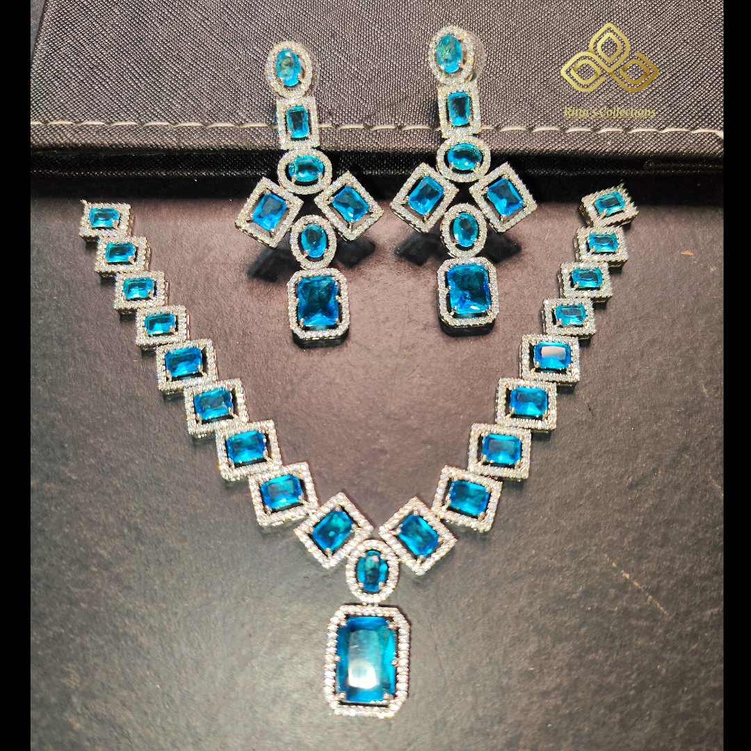 Aqua Blue/Sky Blue American Diamond Necklace with Earrings