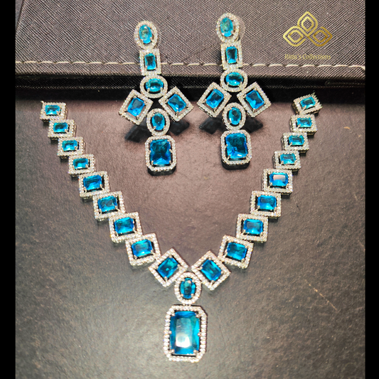 Aqua Blue/Sky Blue American Diamond Necklace with Earrings