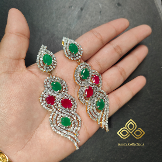 Ritta's EarLuxe, Green & Ruby Pink American Diamond Gold Polish Earrings