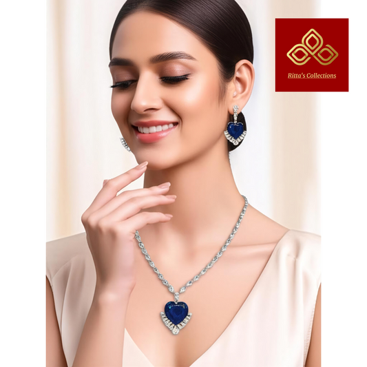 Blue Heart American Diamond Necklace with Earrings