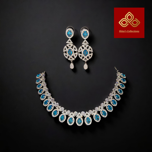Aqua Blue, Sky Blue American Diamond Necklace with Earrings