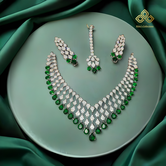 Emerald Green American Diamond Necklace with Earrings and Maangtikka