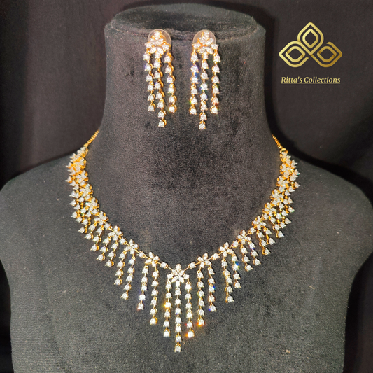 Golden Polish American Diamond Necklace with Earrings