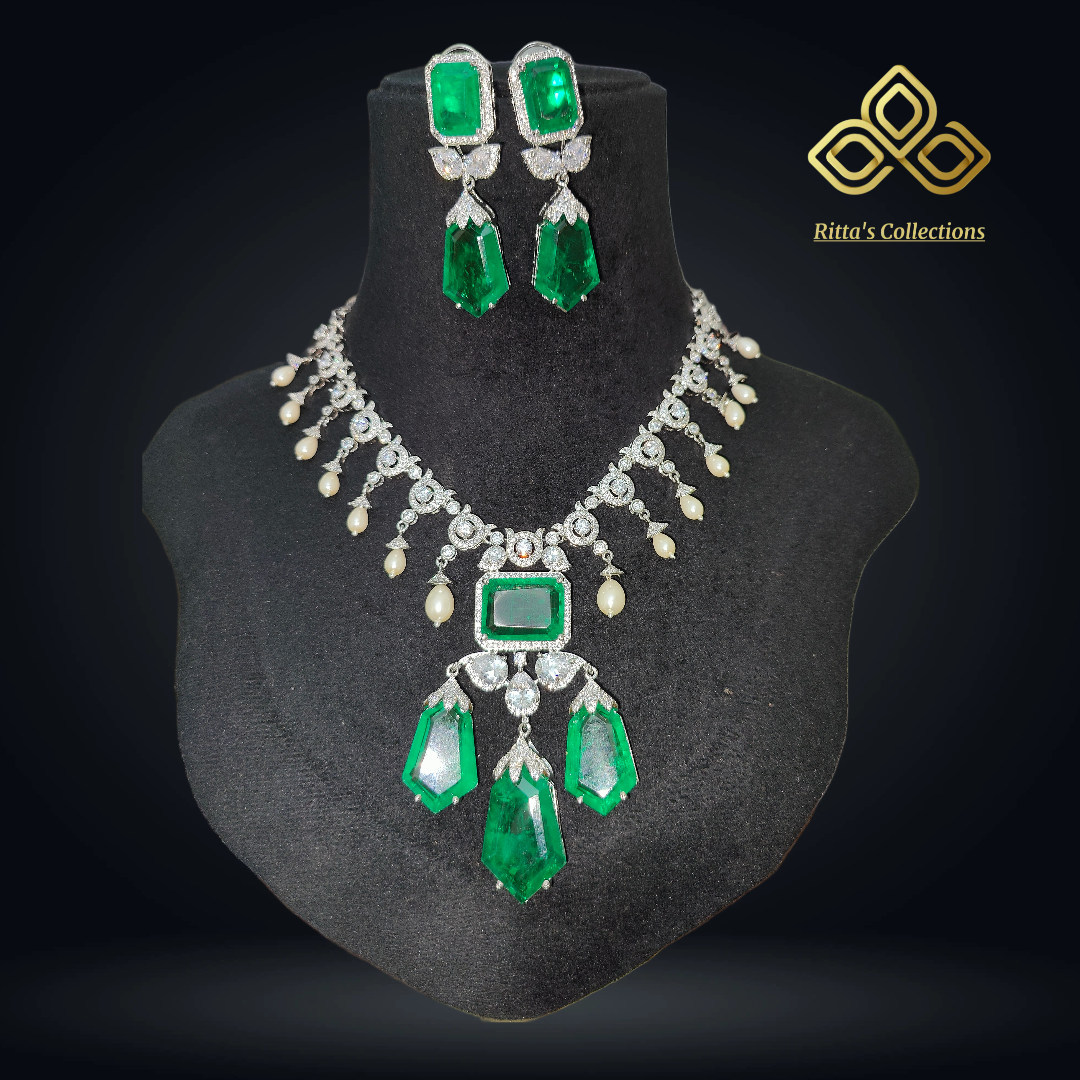 Emerald Green Doublet with pearl drops, American Diamond Necklace with Earrings
