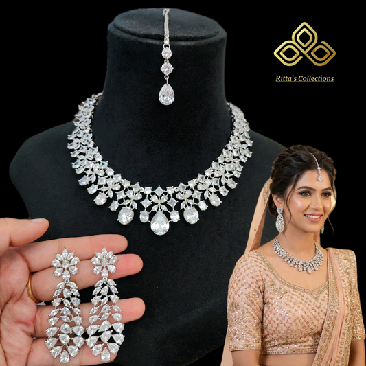 American Diamond Necklace with Earrings and Maangtikka