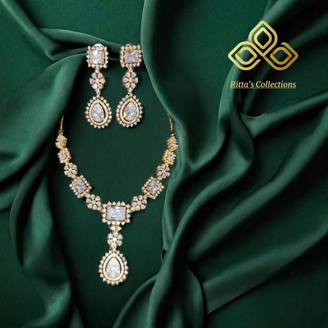 Golden Polish American Diamond Necklace with Earrings