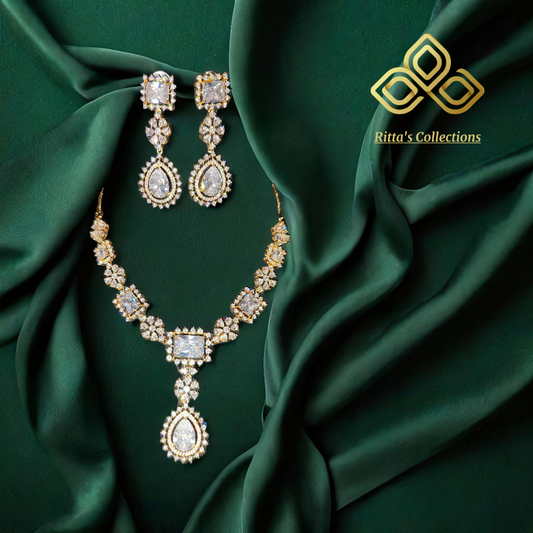 Golden Polish American Diamond Necklace with Earrings