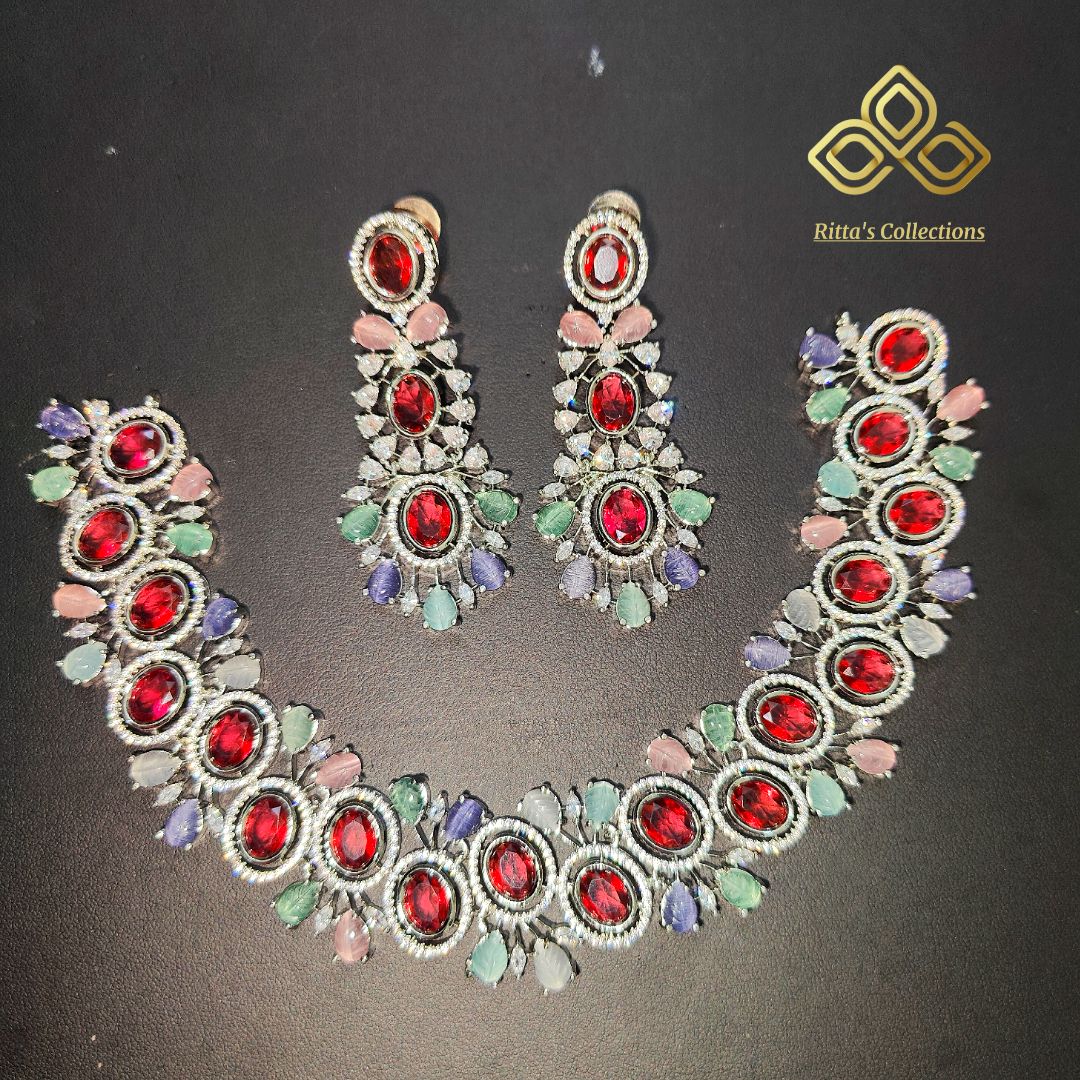 Red Multicolour American Diamond Necklace with Earrings