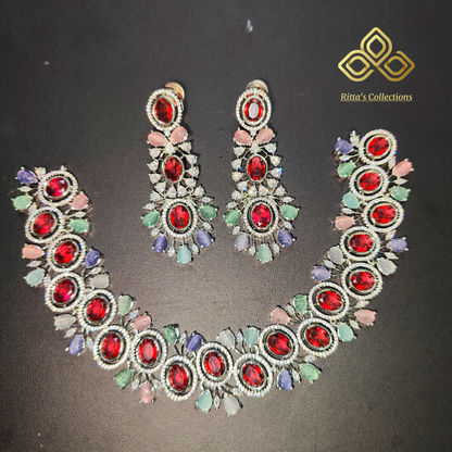 Red Multicolour American Diamond Necklace with Earrings