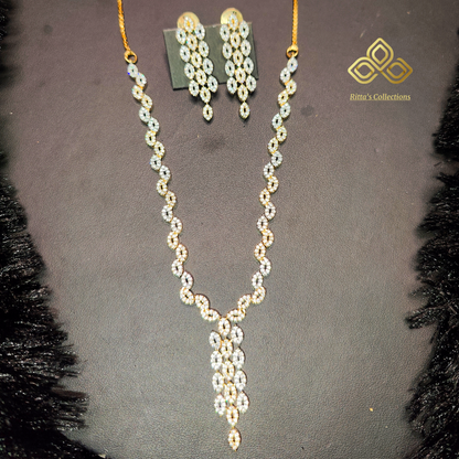 American Diamond Necklace with Earrings, Dual Tone Ganga Jamuna Polish