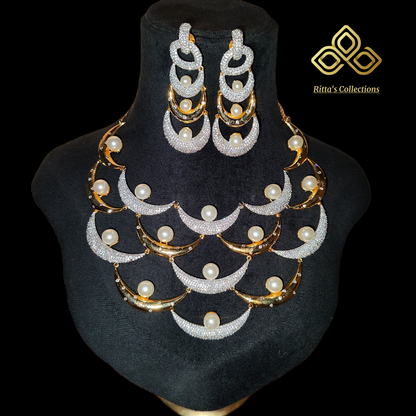 Ritta's American Diamond Statement Necklace with Pearls, 2 Tone Polish (Golden-Silver)