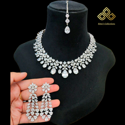 American Diamond Necklace with Earrings and Maangtikka