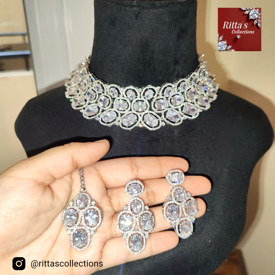 Stunning American Diamond Chokar with Earrings and Maangtikka