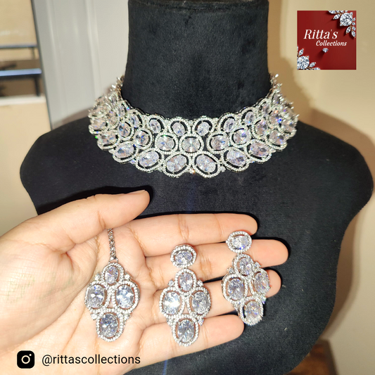 Stunning American Diamond Chokar with Earrings and Maangtikka