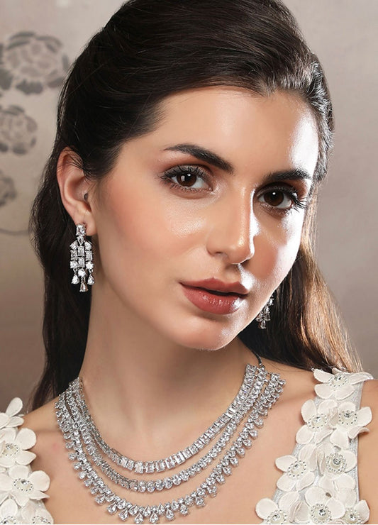 Three Layer American Diamond Necklace with Earrings