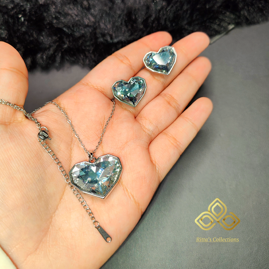 Korean Stone Heart Pandent Set with Earrings