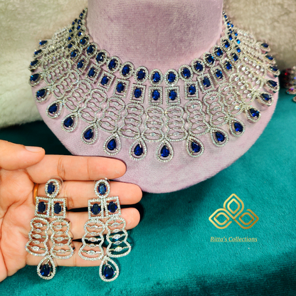 Blue American Diamond Chokar Necklace with Earrings